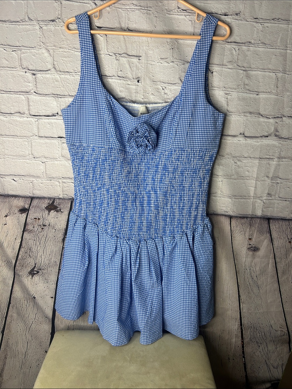 Anthropologie Maeve smocked drop waist mini dress blue gingham size large